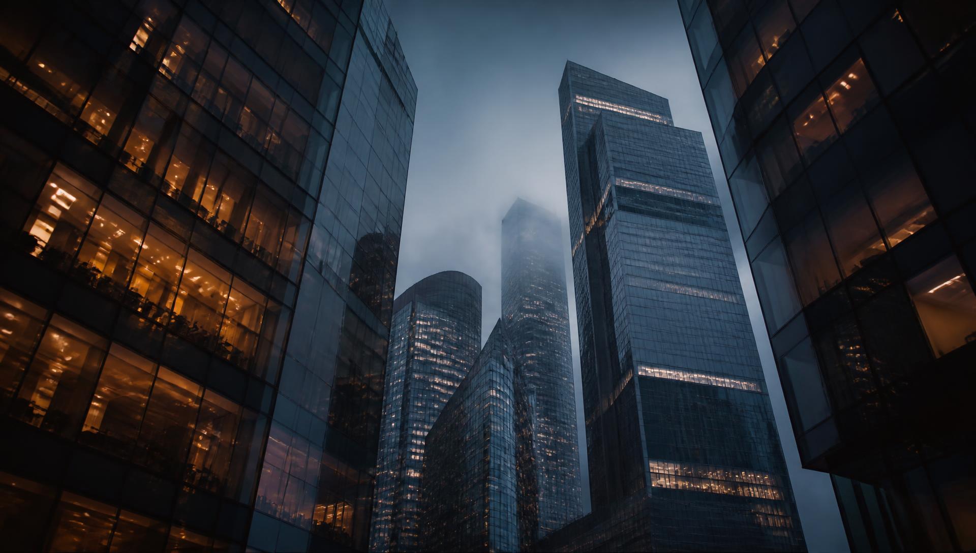 Glass office towers at dusk